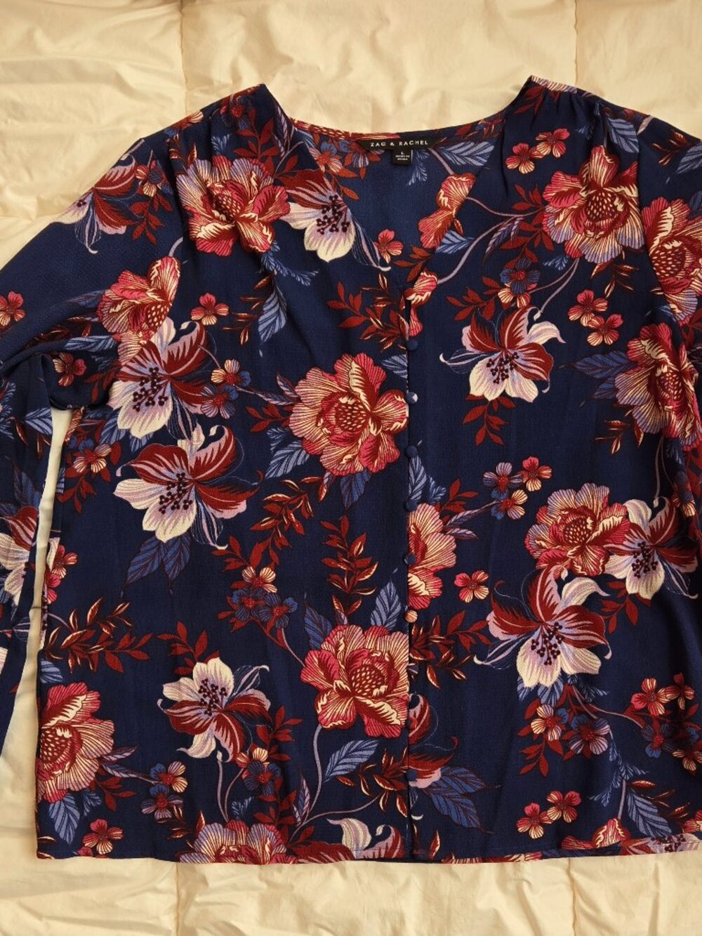 Zac & Rachel - Navy Floral long sleeve blouse. Size Large.